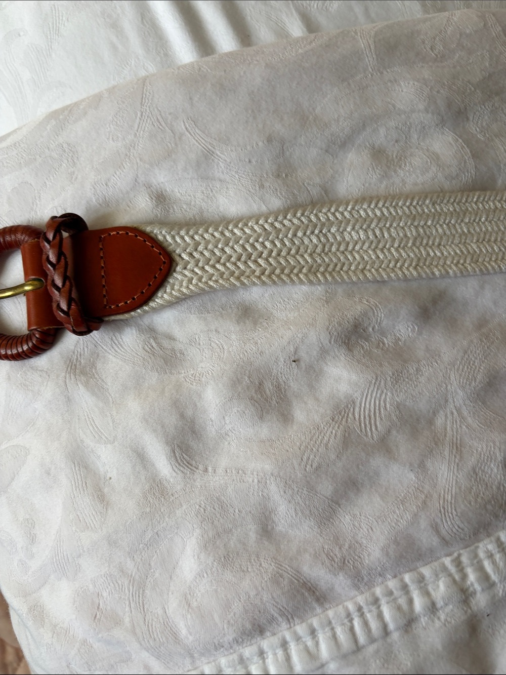 Talbots Braided Cream Woven Belt with Brown Leather Accents. Stretches. 42”.
